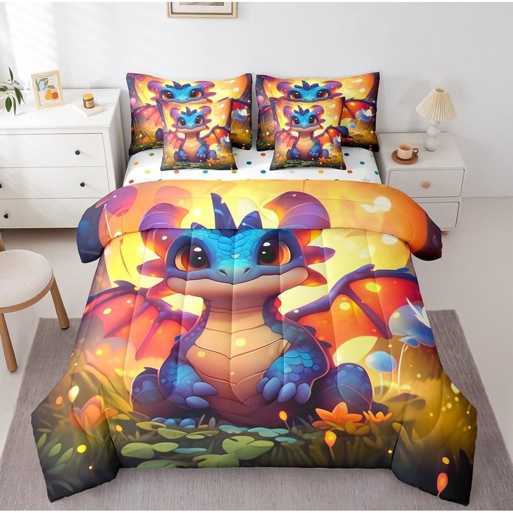 Cartoon Dragon Bed in a Bag Comforter Set, Magical Animal Twin Size 7 Piece Set